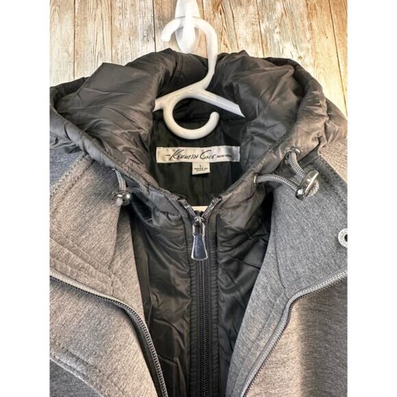 Kenneth Cole Jacket Womens L Gray Black Pockets Cinch Waist Button Zip Outerwear - Picture 6 of 7